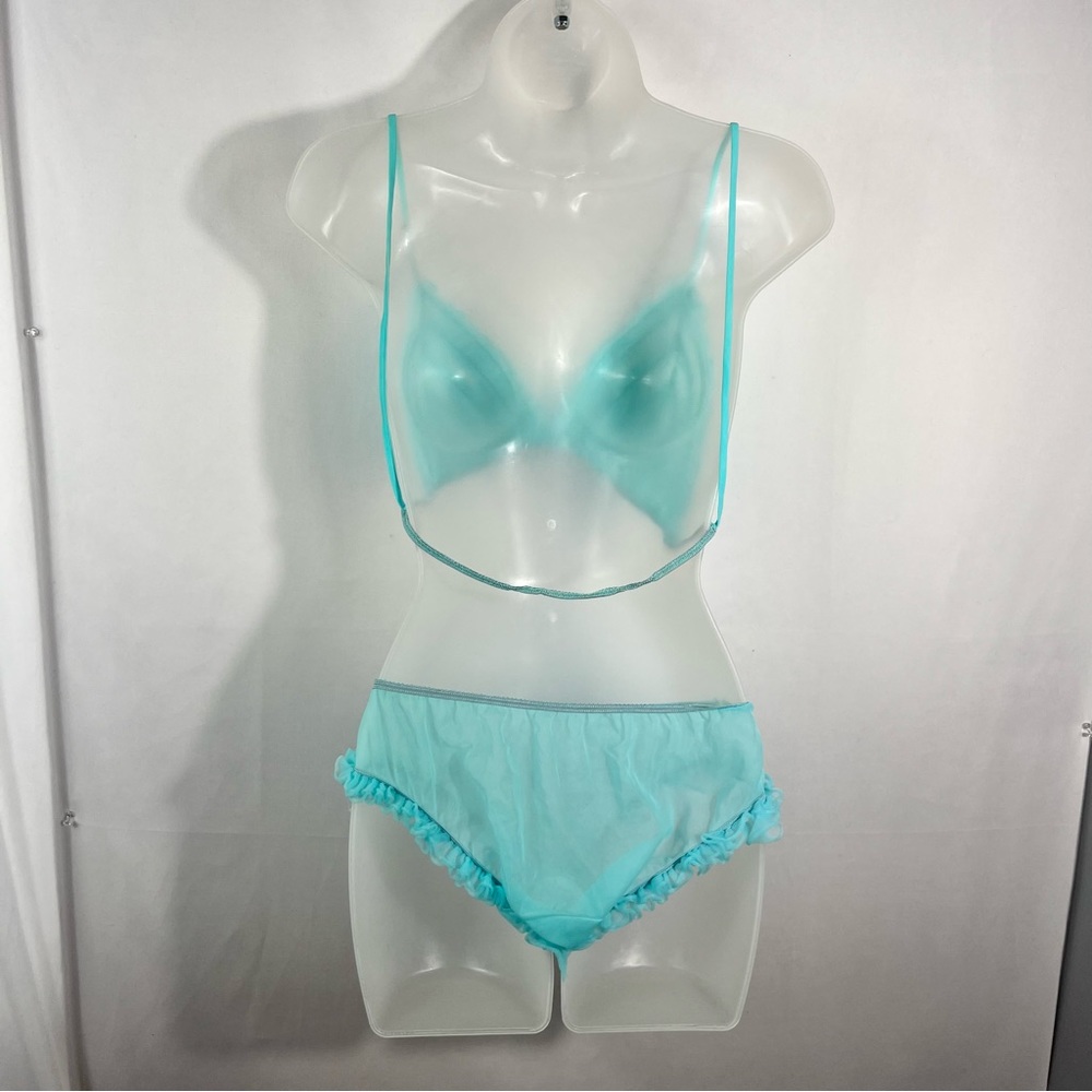Vintage 1960s Tiffany Blue Mesh Ruffle Nightie Sleep Set Lingerie Peignoir Set - Picture 10 of 11